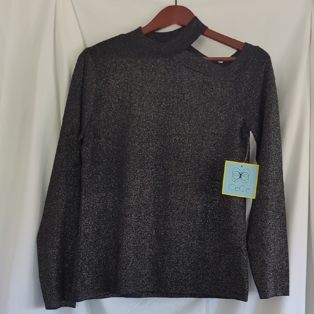 CeCe Black Metallic Cutout Mock Neck Sweater